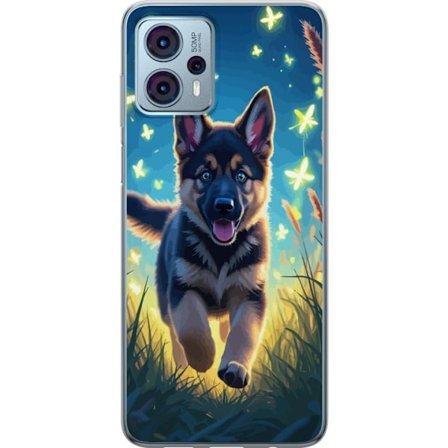 Kompatibelt Mobilskal till Motorola Motorola Moto G23 Tysk schäfer valp affisch valp hund hoppar äng fjärilar söt hund illustration blå nattkonst