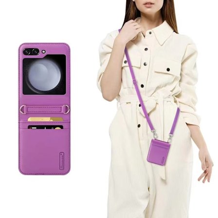 Kompatibel med Z Flip 5 Foldbar Skærm Telefon Cover, Flip Lanyard Telefon Cover (Lilla) med Lang Lanyard