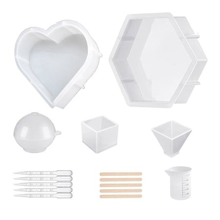 Silikonformer for epoksyharpiks, 5-pakning, inkludert sekskant, hjerte, kule, pyramide og kube