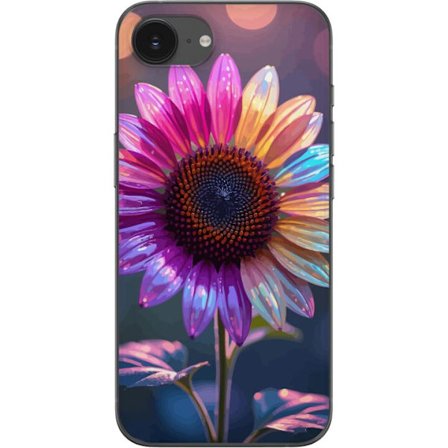 Kompatibelt Mobildeksel til Apple iPhone 16e Irideserende blomst med glitrende kronblad i rosa lilla og gull mot myk bokeh bakgrunn