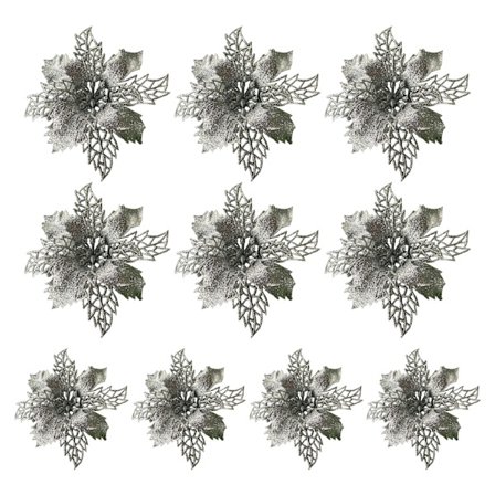10 stk. jule sølvglimmer mesh kristtjørn blade kunstige julestjerner blomster pynt træpynt 15 cm B til sølv juletræ krans guirlande