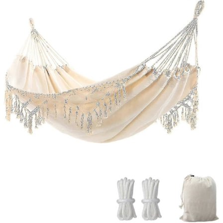 Trädgårdshängmatta med stilfulla tofsar 2-personers makramé hängmatta med bärväska för uteplats, trädgård, utomhus