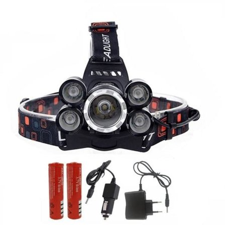 Stark pannlampa 5 x LED CREE T6 Inkluderar Batterier och Laddare