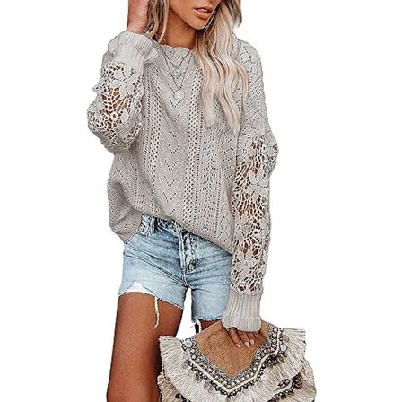 Kvindernes Blonder Hæklet Langærmet Crewneck Sweater Vinter Strik Pullover