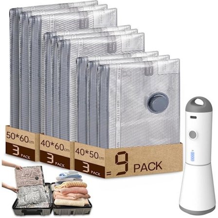 Vakuumopbevaringspose til tøj støvsuger med elektrisk trådløs vakuumpumpe, 9 (3*40x50cm, 3*40x60cm, 3*50x60cm), genanvendelig