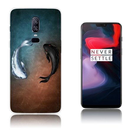 OnePlus 6 beskyttelsesetui i silikone med printet mønster - Sorte og hvide fjer