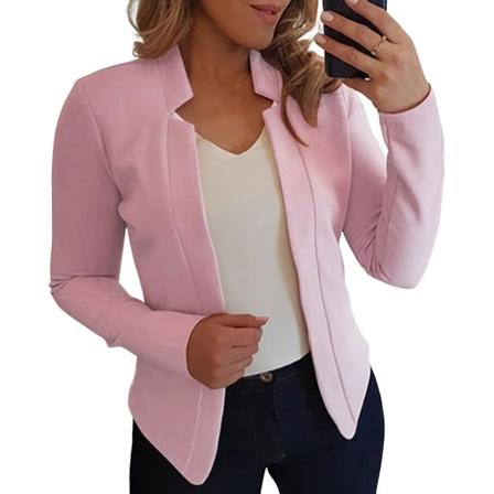 Lange ermer Ensfarge Slim Fit Dame Blazer Kontorarbeid Hakk Krage Åpen søm Cardigan Blazer Yttertøy Light Pink S