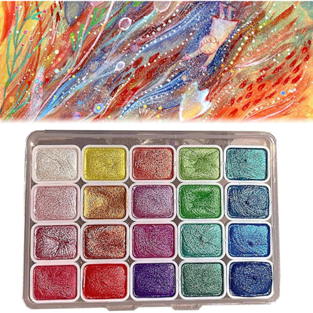 20 Farger Vannfargemalingsett, Metallisk Glitter Solid Vannfargemaling Tegneutstyr Reisekunstsett for Studenter & Hobbyister