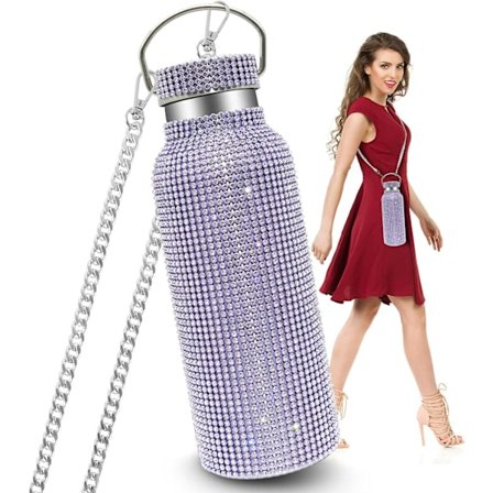Lilla Glimtende Diamant Vandflaske 750ml med Rhinesten, Høj