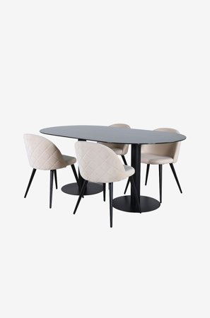 Venture Home - Spisegruppe Pillan med 4 spisestoler Velvet Stitches - Svart - Spisegrupper - Fra Homeroom