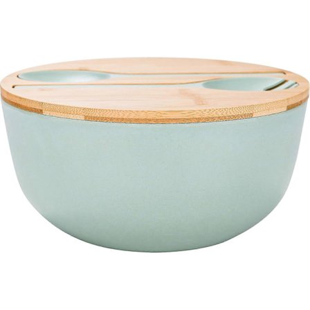 Salatsæt af naturlige fibre, stor skål af bambusfibre med trælåg og serveringsredskaber, ikke-giftig fødevaresikker blanding og opbevaringsløsning til