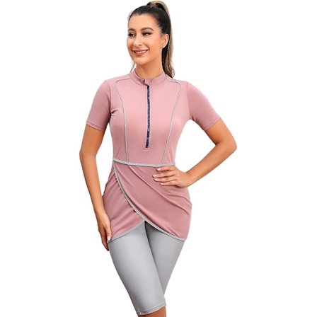 Women Modest Swimwear Islamic Muslim Swimsuit Short Sleeve Zipper Front Top Shorts Pants Hijab 3pcs Swimming Costume S-4xl Xinmu -a