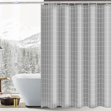 Grå rutig duschdraperi Snabbtorkande, Maskintvättbar Vattentät Polyestertyg Duschdraperi, Halvgenomskinliga Badrumsdraperier Med 12 Krokar