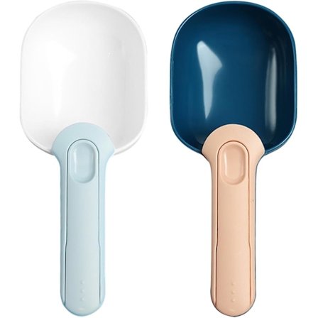 Skopsæt (2-pak), kæledyrsskovl, multifunktionel ske, 100g måleske til kæledyrsfoder, mel-ske, kompostskovl (hvid+blå)