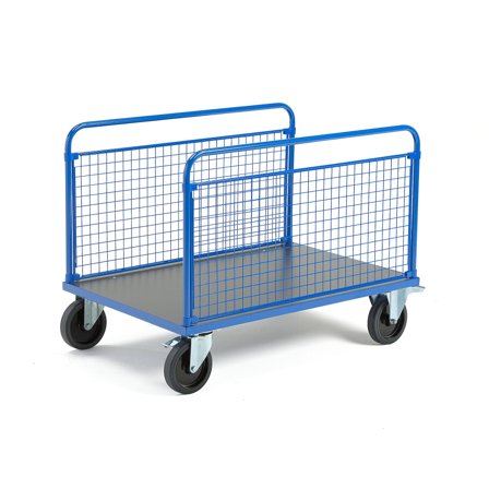 Plattformwagen TRANSFER, 2 lange Gitterseiten, 1200x800 mm, elastischer Gummi, mit Bremsen