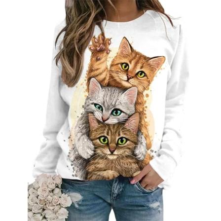 Damtröja med print våren långärmad crewneck Mode Casual Söt print tunn lös topp white XXL