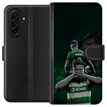 Kompatibelt Lommeboketui til Samsung Galaxy A17 5G Neonmotiv med teksten "Gaming is in my DNA" på en blå og rød murvegg med en lysende DNA-spiral.