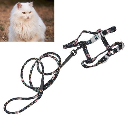Japansk stil kat justerbar sele snor sæt bryst tilbage trækkraft kat gåtur reb Black Flower M