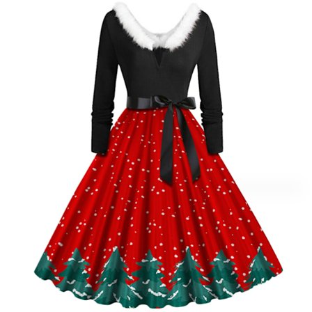 Naisten joulu V-kaula-aukkoinen mekko Vintage-printti Pitkä tyyli 5