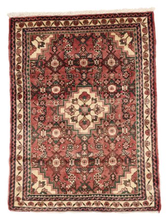 Handgeknüpft Hosseinabad 107X140 Persischer Wollteppich Dunkelrot/Braun Klein