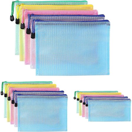 Plastikmappe A4+A5+A6, 15 stk. lynlåspose, PVC mesh lynlåspose dokumentpung, opbevar papir småting forsyninger 5 farver, 2024 Ping