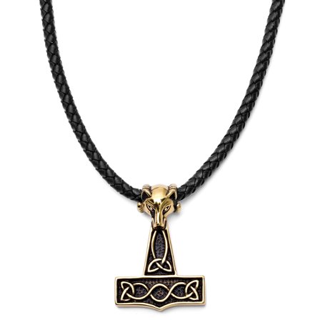 Gold-Tone Wolf Black Leather Necklace for Men - Thor's hammer necklaces