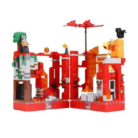 Bygg Blokk Gate Utsikt Med Figurer Samle En Fiery Dragon Montering Klosser Leker