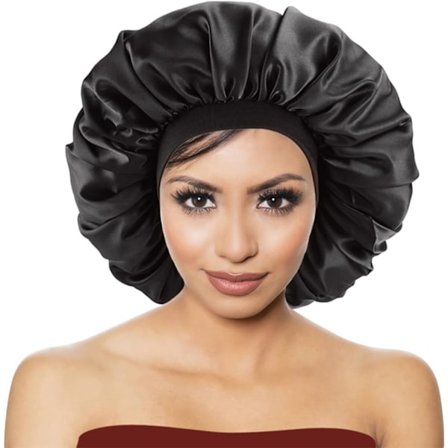 Natt satenghette Sovecaps elastisk bredt bånd for kvinner jenter langt hårtrekk (svart)