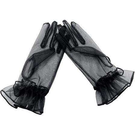 Graceful Women Bridal Black Gloves Plain Tulle Ruffled Edge Wrist Finge