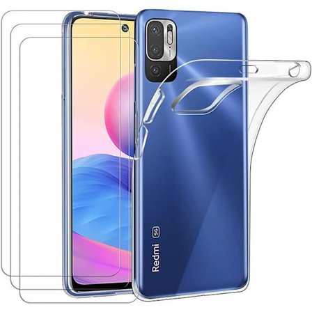 Fodral till Xiaomi Redmi Note 10 5G - Genomskinlig - Mjuk - Skärmskydd i härdat glas - Paket med 3