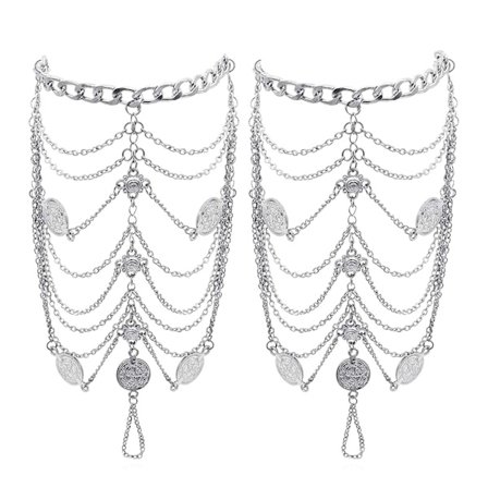 Anklets Boho Vintage Golden Coin Blessing Symbol Tassel Foot Chains 1 Pair - Silver