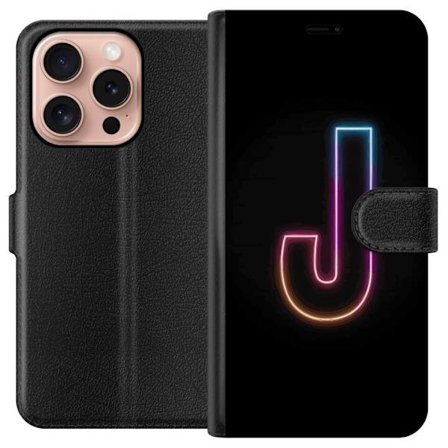 Yhteensopiva Lompakkokotelo Apple Apple iPhone 16 Pro Minimaalinen neonkirjain J värien vaihtuessa valossa mustaa taustaa vasten
