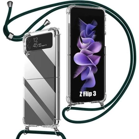 Skulderremscover til Samsung Galaxy Z Flip 3 5G, anti-ridsebeskyttelse forstærkede hjørner + skulderrem midnatsgrøn