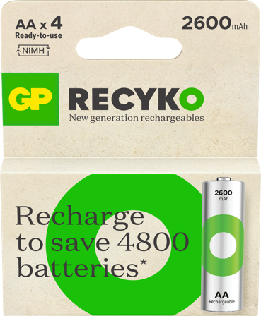 GP Batteries Recyko 201246 Batteri oppladbar, AA, 2600 mAh, 4‐pakning, Elfordeling & strømforsyning