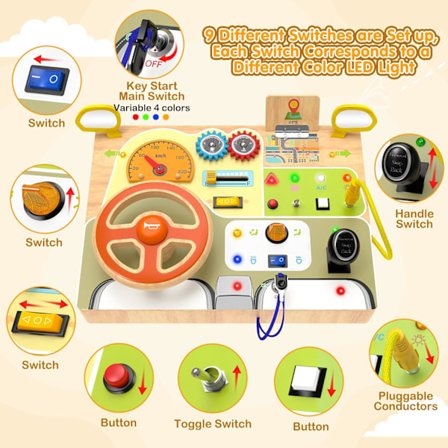 Montessori Legetøj til Småbørn - Baby Træ Busy Board - Sanse Legetøj med Lyskontakt - Rejselegetøj til Uddannelsesmæssige Småbørnsaktiviteter