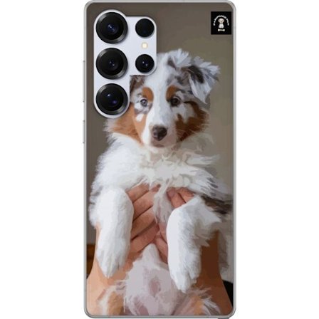 Kompatibelt Mobildeksel til Samsung Galaxy S25 Ultra Søt valp med blå øyne, fluffy pels og sjarmerende uttrykk - perfekt hundemotiv for dyreelskere.