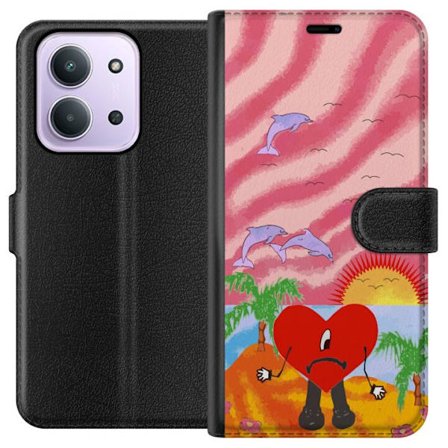 Kompatibel Tegnebogsetui til Xiaomi Redmi 15C Bad Bunny i en farverig quiltet jakke med hjertemønster og solbriller i moderne gade stil