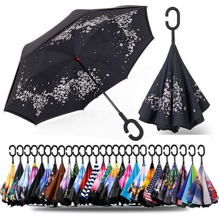 49 tommers omvendt paraply med dobbelt lag og vindtett, vanntett stangparaply med C-formet håndtak.