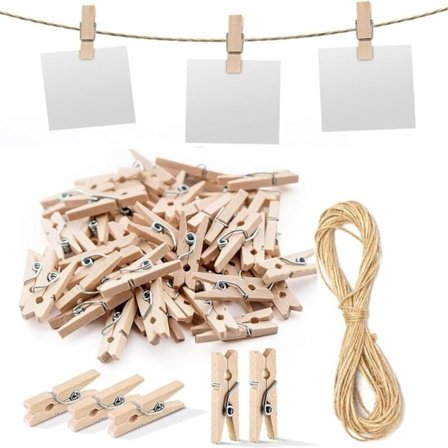 iguTrail 100 stycken träklädnypor, 25 mm träklädnypor med 5 m hamparep för fotohållare, pyssel