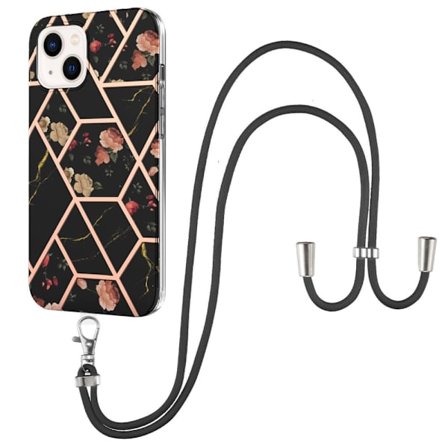 SKALO iPhone 15 Marmor Mobilhalsband Skal - Svart-Gul