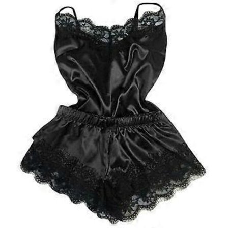 Lady Charming Satin Silk Lace Bodysuit Sexig Teddy Lingerie Nattkläder Sovkläder Underkläder (L Svart)