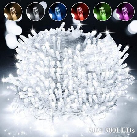 ROSNEK Ulko- ja sisäkäyttöön tarkoitettu valosarja 500LED 50M (Valkoinen) Joulukuusi valo IP44 Sateenkestävä, Puutarha Häät Juhlat