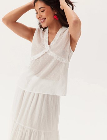 Bubbleroom Cotton Dobby Dot Blouse - White - 36-38