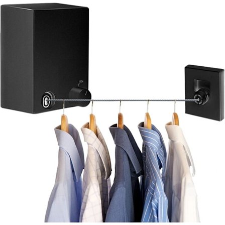 Uttrekkbar klessnor, 4,2 m justerbart tørkestativ i rustfritt stål for innendørs og utendørs bruk, veggmontert, svart