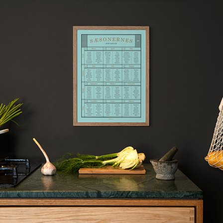 Plakat med Sæsonernes råvarer fra Gehalt — Stilren sæsonguide