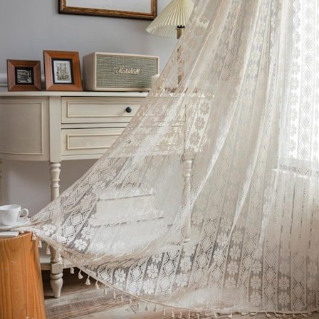 Beige virkatut verhot kukkakuviolla - hapsuilla - Country Vintage Chic - Vähentää valoa makuuhuoneissa ja olohuoneissa - 150 x 160 cm