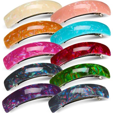 10 Stk. Retro Store Hårklemmer i Akryl, Rektangulær Fransk Automatisk Hårklemme til Kvinder og Piger, Tykt og Mellemtykt Hår (Blandet