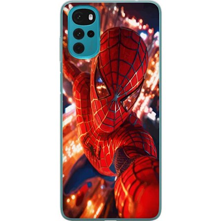 Kompatibelt Mobilskal till Motorola Motorola Moto G22 Spider Man i intensiv action med gnistrande ljus och dynamiskt perspektiv i filmisk superhjälte