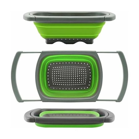 Sammenleggbar sil, kjøkkensikt med uttrekkbart håndtak, sammenleggbar silikon vask tørkestativ for pasta, grønnsaker, paier og frukt Grønn KLB