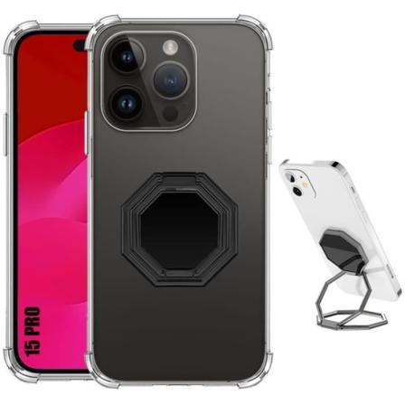 Cover til iPhone 15 Pro, silikoneforstærkede hjørner gennemsigtig med multi-vinkel roterende stativ Sort Transparent, svart
